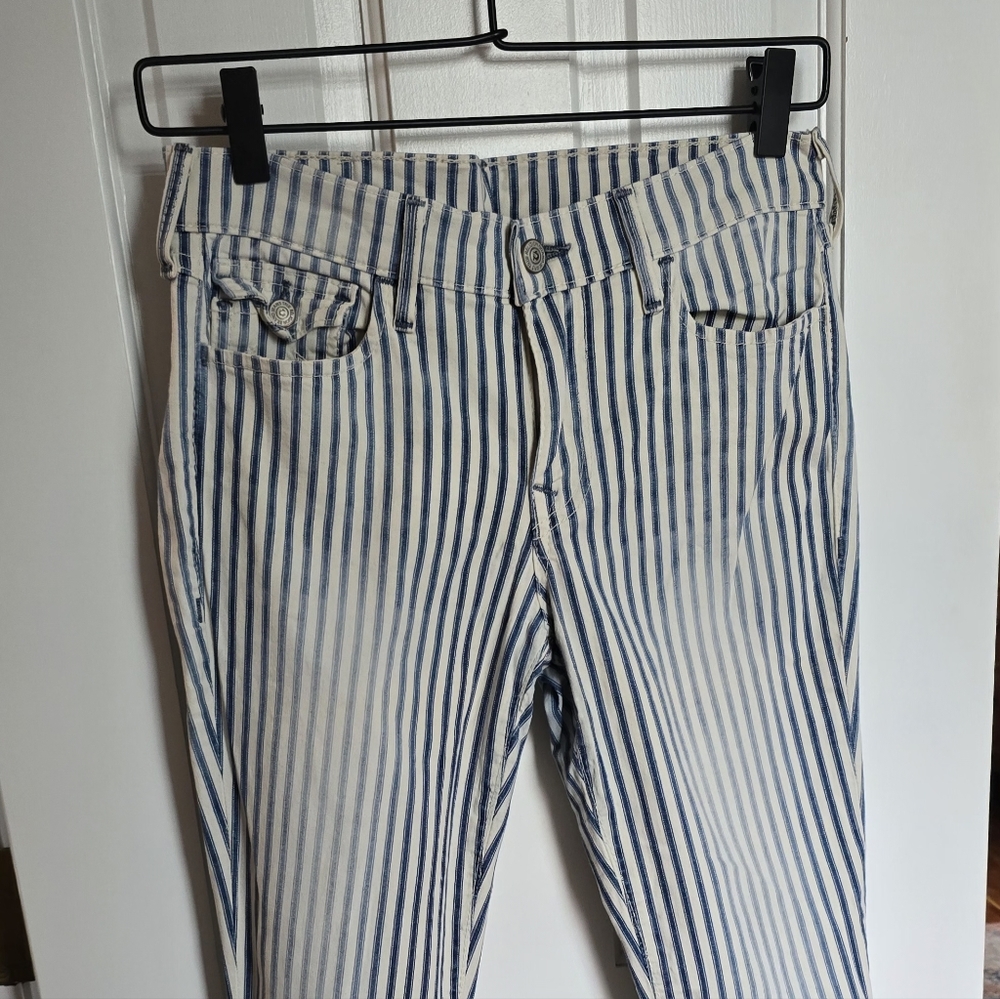 True Relugion Blue and White Striped Women Jeans